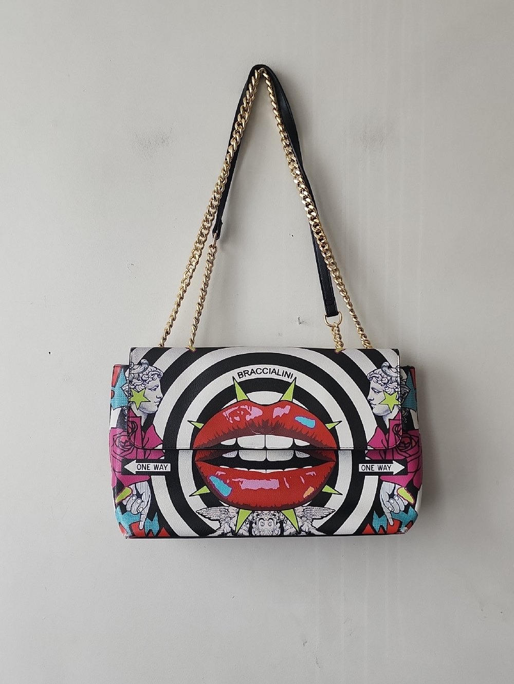 Braccialini Black & Multicolor Lip-Print Chain Shoulder Bag